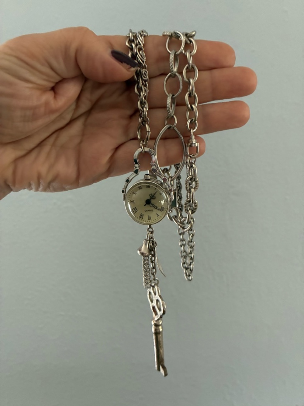 Silver tone Chain Watch Necklace with Key Charm